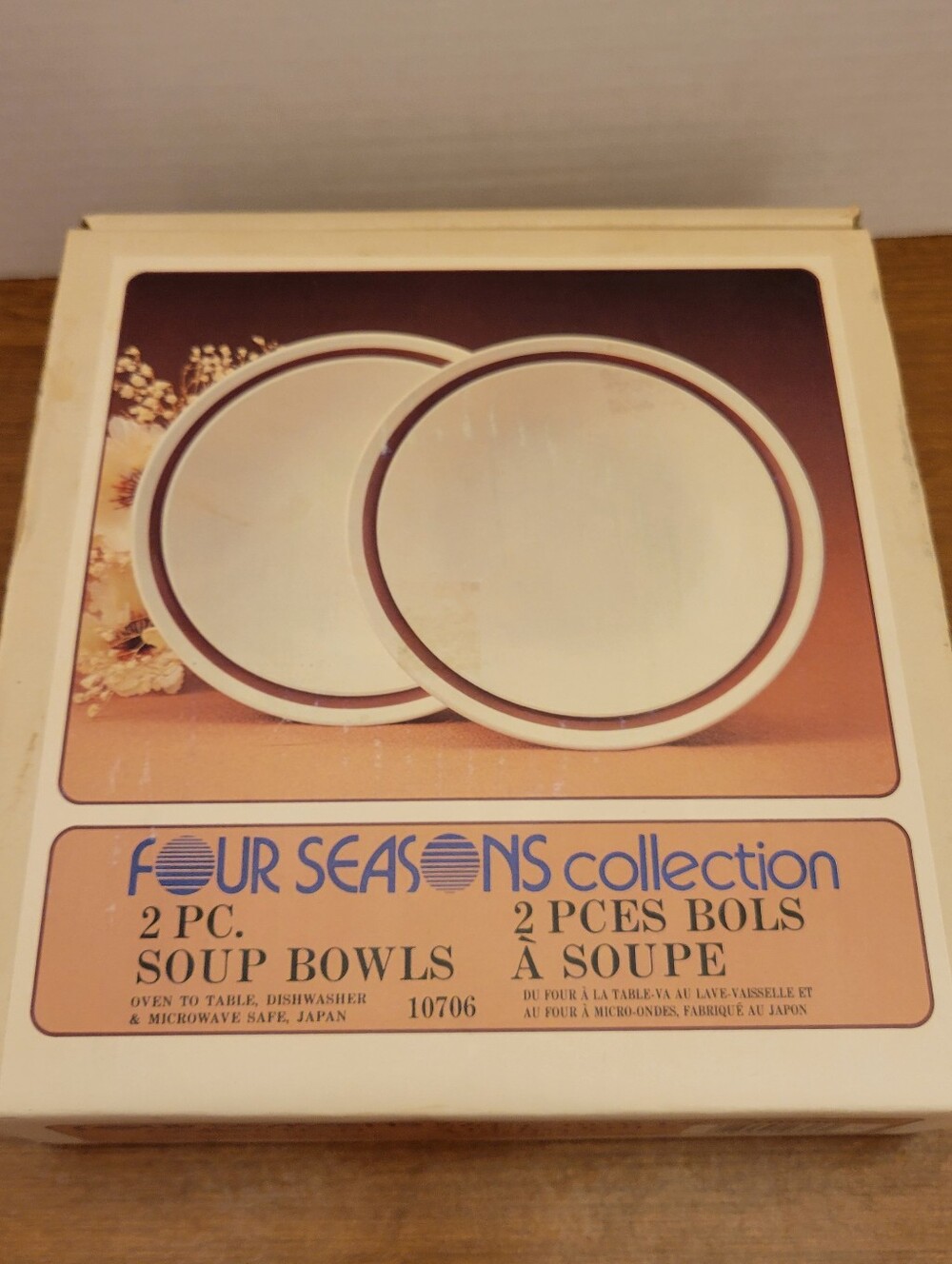 Four Seasons Collection 2-Piece Soup Bowls - White with Brown Trim-1970s-New
